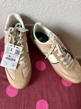 ZARA Sneakers EU 37 US 6.5 7 Beige Suede Canvas Gum Sole New With Tags